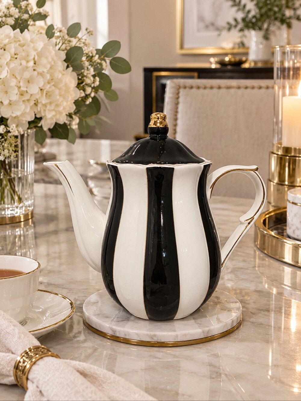 Black and White Striped Ceramic Teapot with Gold Accent